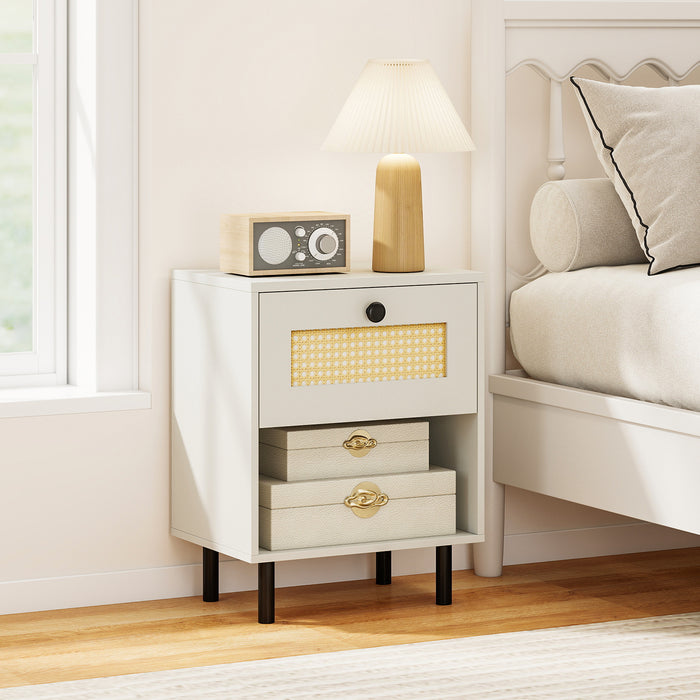 Rattan Nightstand Boho Style Bedside Table with Drawer and Open Storage Shelf-