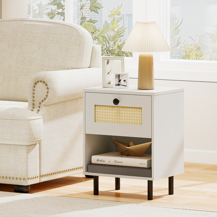 Rattan Nightstand Boho Style Bedside Table with Drawer and Open Storage Shelf-