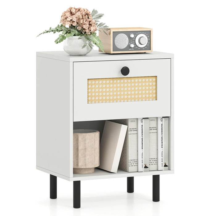 Rattan Nightstand Boho Style Bedside Table with Drawer and Open Storage Shelf-