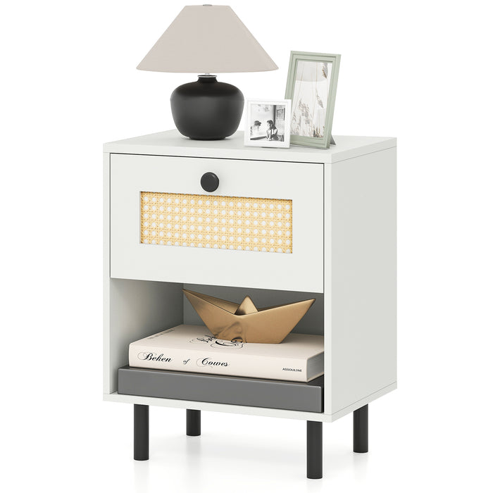Rattan Nightstand Boho Style Bedside Table with Drawer and Open Storage Shelf-
