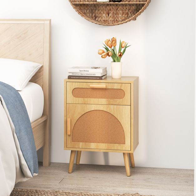 Rattan Nightstand Set of 2 Boho Bedside Table with Rattan-