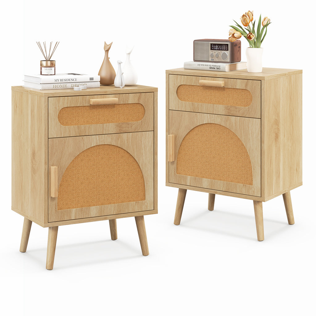 Rattan Nightstand Set of 2 Boho Bedside Table with Rattan-
