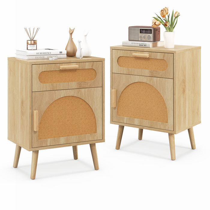 Rattan Nightstand Set of 2 Boho Bedside Table with Rattan-