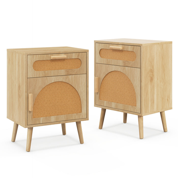 Rattan Nightstand Set of 2 Boho Bedside Table with Rattan-