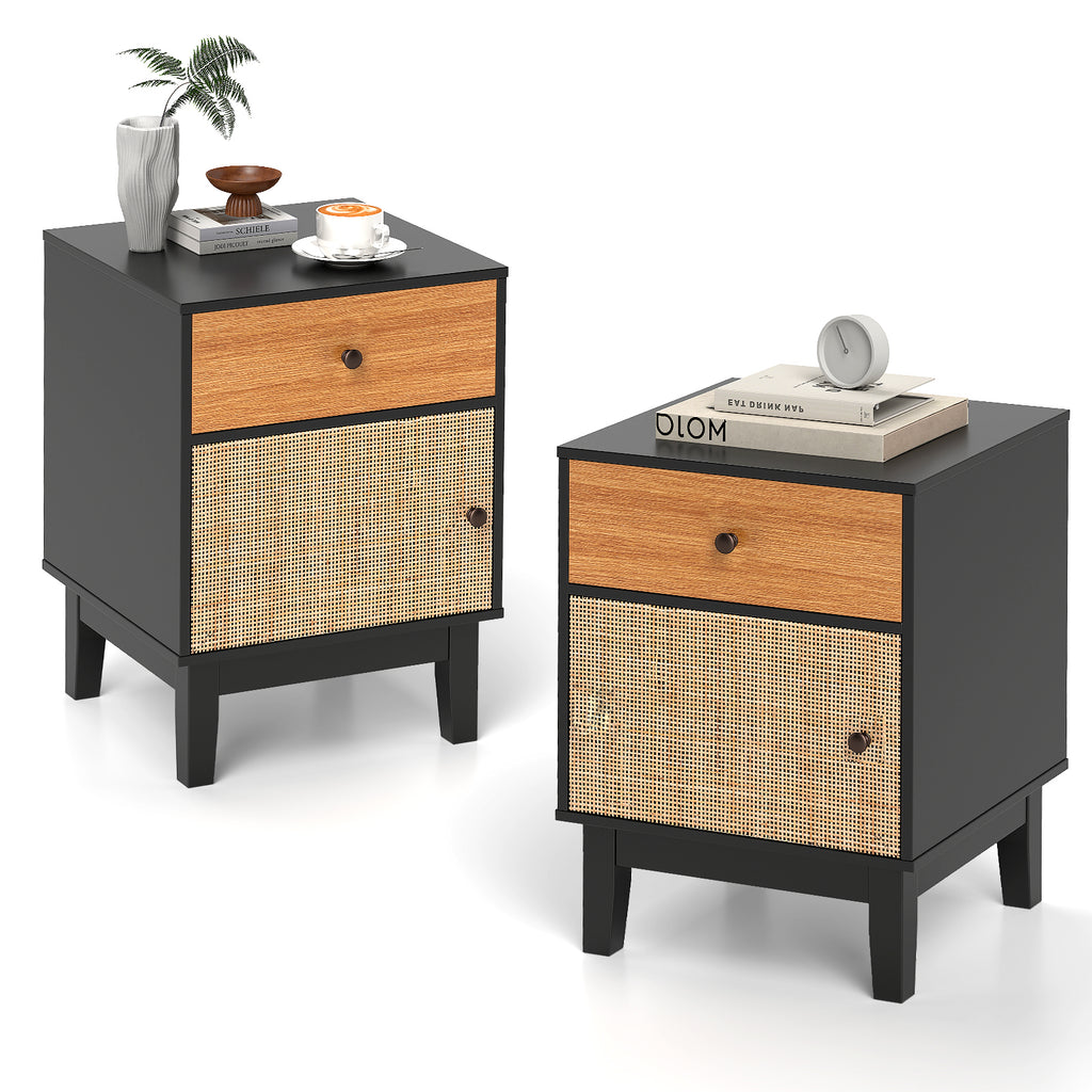 Rattan Nightstand Set of 2 with Storage Drawer and Cabinet-
