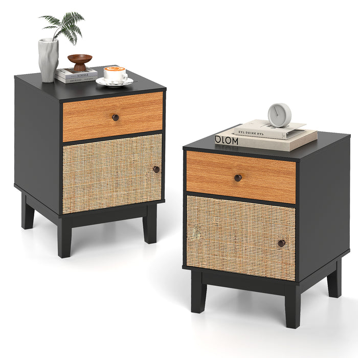 Rattan Nightstand Set of 2 with Storage Drawer and Cabinet-