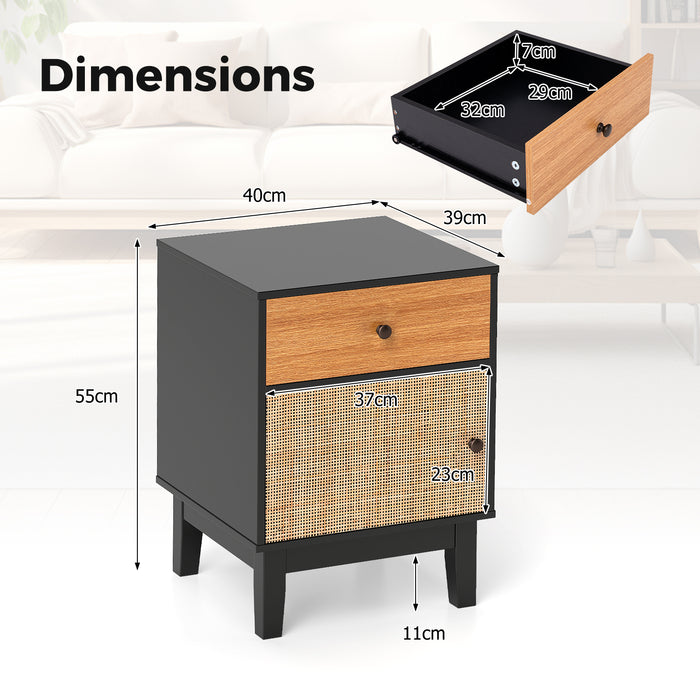Rattan Nightstand Set of 2 with Storage Drawer and Cabinet-