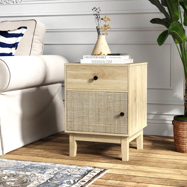 Rattan Nightstand Set of 2 with Storage Drawer and Cabinet-