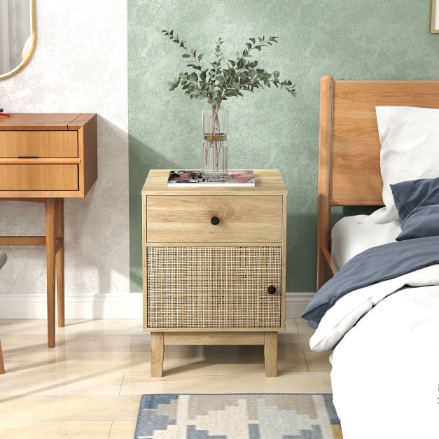 Rattan Nightstand Set of 2 with Storage Drawer and Cabinet-