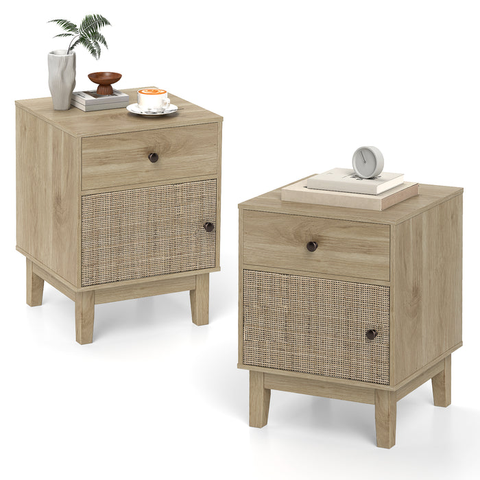 Rattan Nightstand Set of 2 with Storage Drawer and Cabinet-