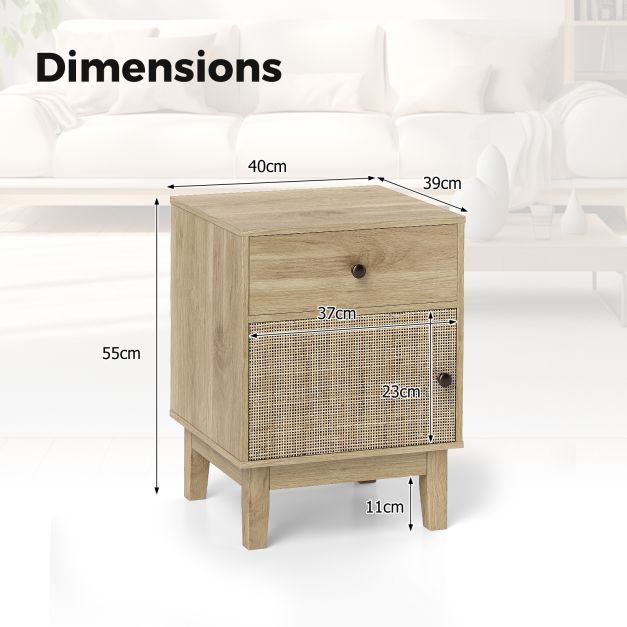 Rattan Nightstand Set of 2 with Storage Drawer and Cabinet-