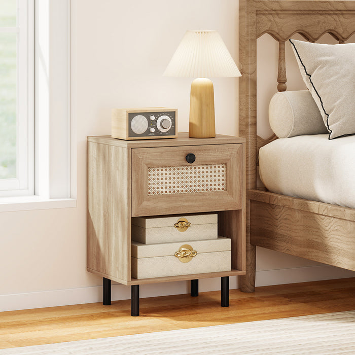 Rattan Nightstand with Drawer and Open Storage Shelf for Living Room Set of 2-