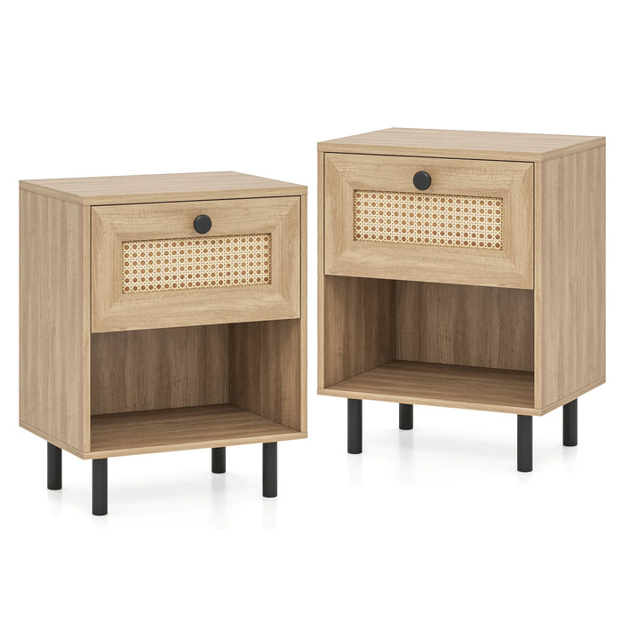 Rattan Nightstand with Drawer and Open Storage Shelf for Living Room Set of 2-