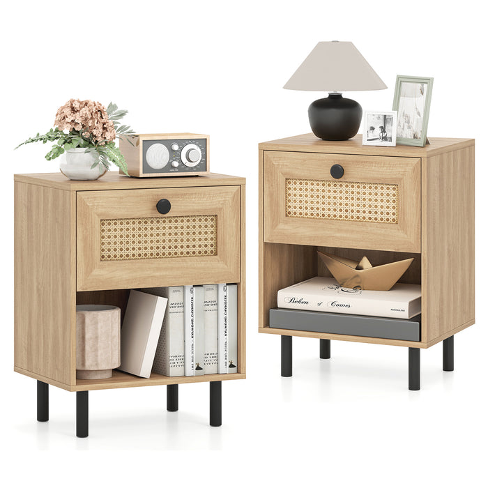 Rattan Nightstand with Drawer and Open Storage Shelf for Living Room Set of 2-