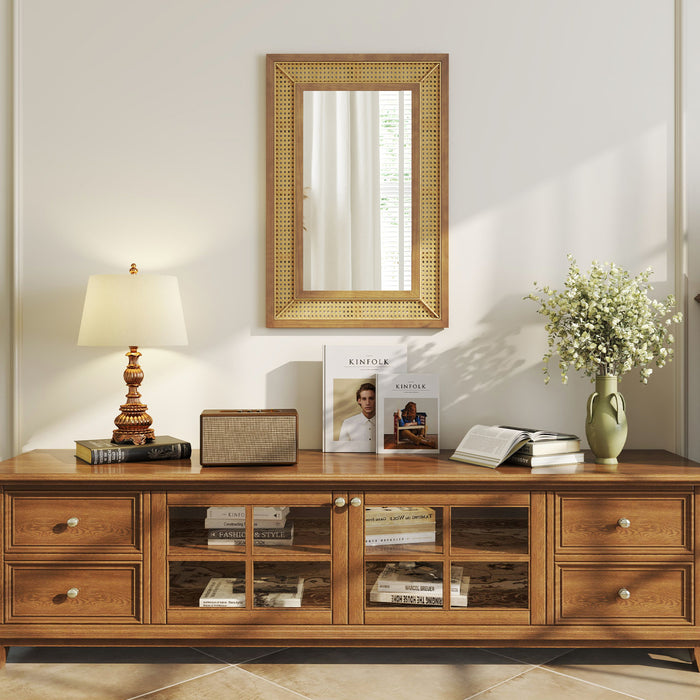 Rattan Wall Mirror Bohemian Rectangular Decorative Mirror with Wooden Frame-Natural