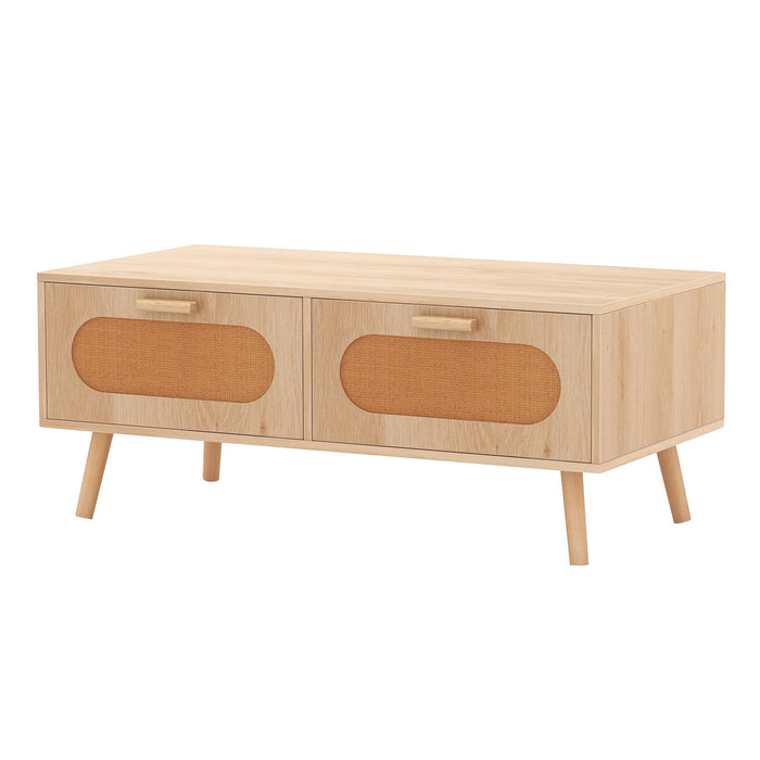 Rattan Coffee Table Mid Century Modern Center Table with 2 Storage Drawers-