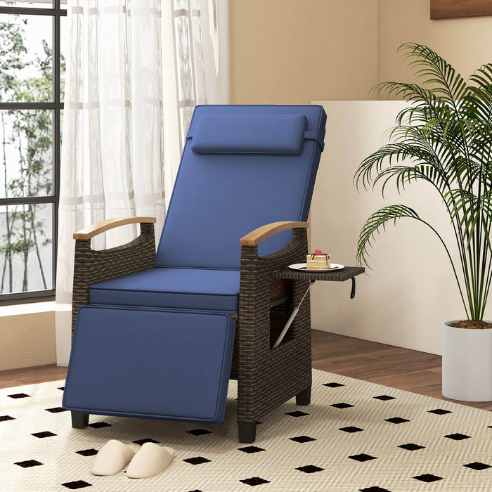 Patio Rattan Lounge Chair Recliner with Adjustable Footrest and Side Table-
