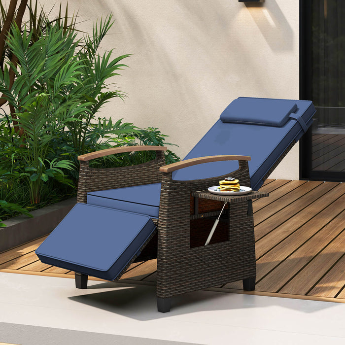 Patio Rattan Lounge Chair Recliner with Adjustable Footrest and Side Table-