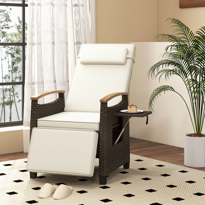 Patio Rattan Lounge Chair Recliner with Adjustable Footrest and Side Table-