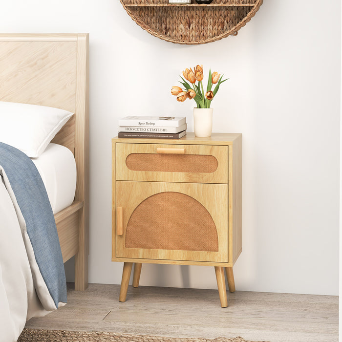 Rattan Nightstand Boho Bedside Table with Rattan-decorated Door-