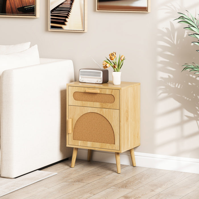 Rattan Nightstand Boho Bedside Table with Rattan-decorated Door-