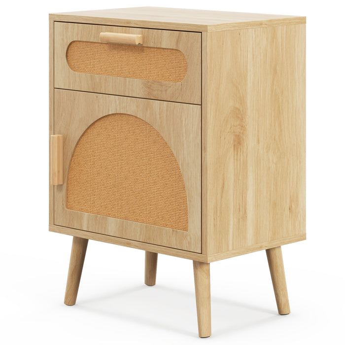 Rattan Nightstand Boho Bedside Table with Rattan-decorated Door-