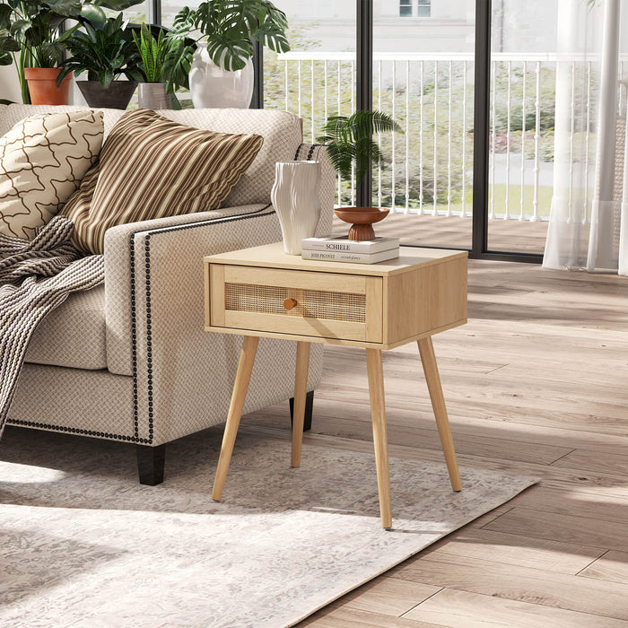 Rattan Nightstand Bedside Table with Drawer and Solid Wood Legs-