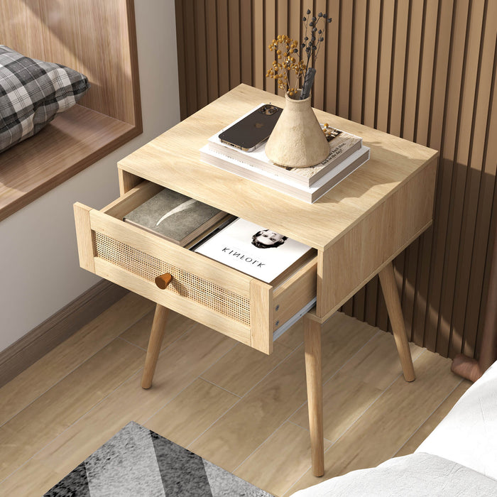 Rattan Nightstand Bedside Table with Drawer and Solid Wood Legs-