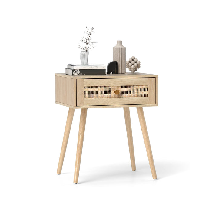 Rattan Nightstand Bedside Table with Drawer and Solid Wood Legs-