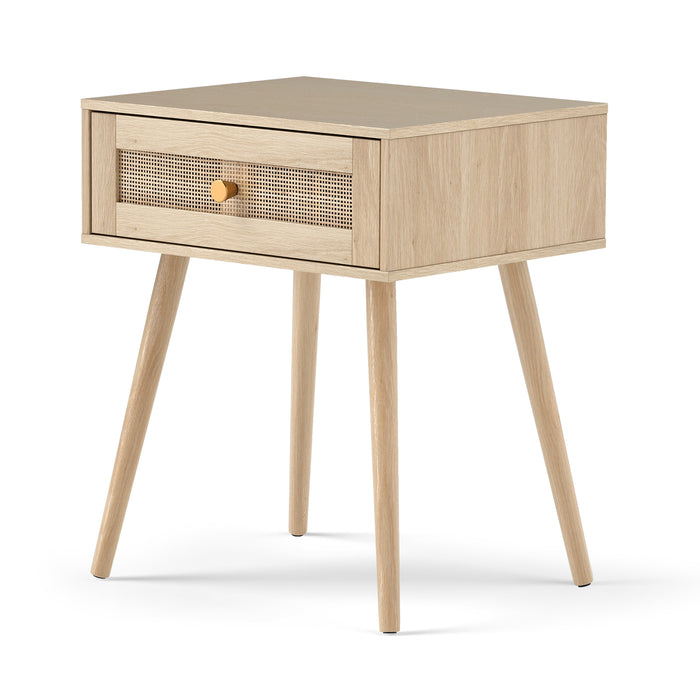 Rattan Nightstand Bedside Table with Drawer and Solid Wood Legs-