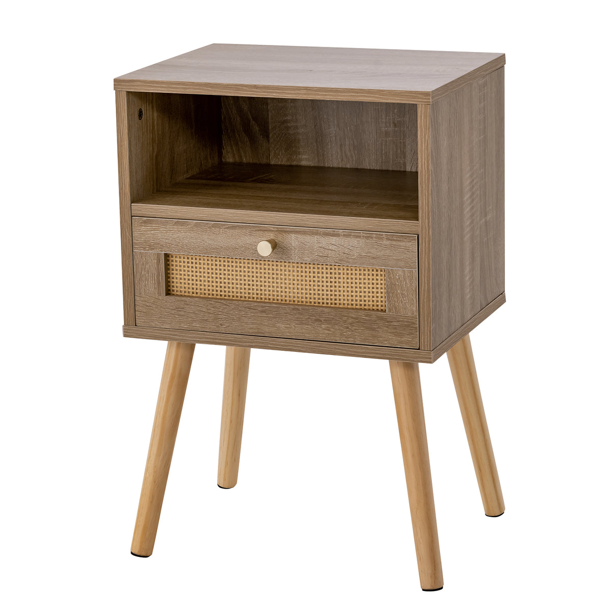 Rattan Nightstand Set of 1 with Rattan Drawer and Open Shelf-