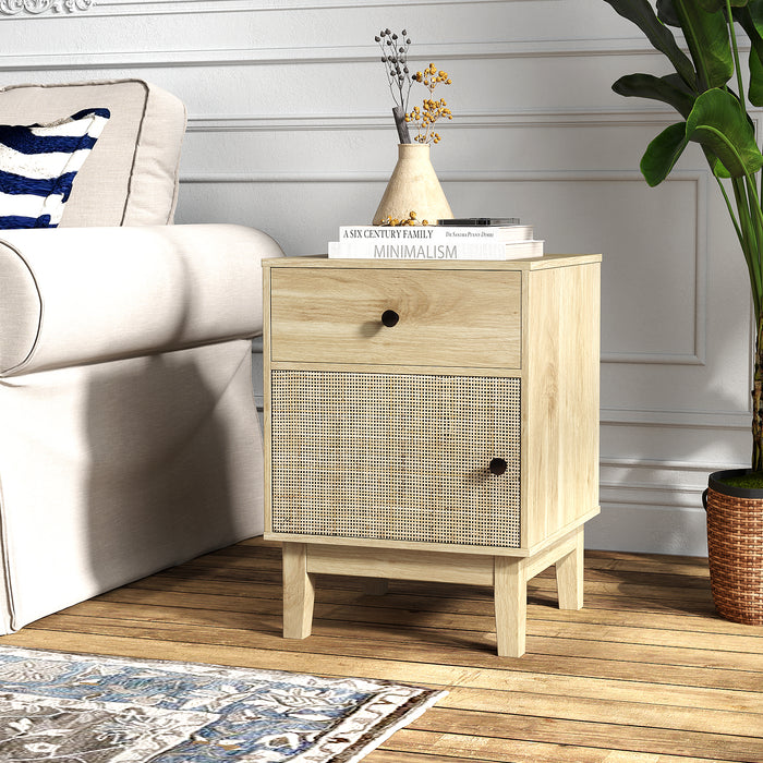 Modern Rattan Nightstand with Storage Drawer and Cabinet-