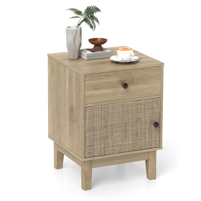 Modern Rattan Nightstand with Storage Drawer and Cabinet-