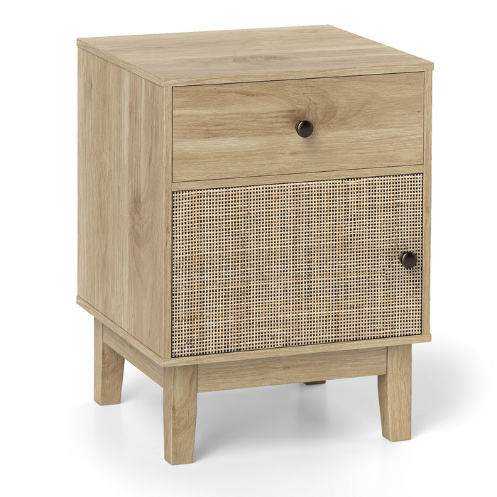 Modern Rattan Nightstand with Storage Drawer and Cabinet-