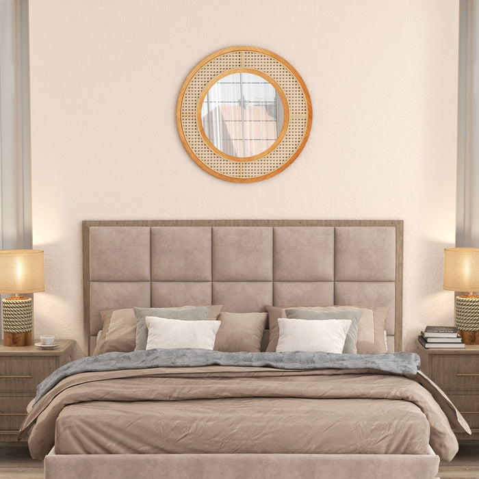 Rattan Round Wall Mirror with Aluminum Glass and Metal Hook -Natural