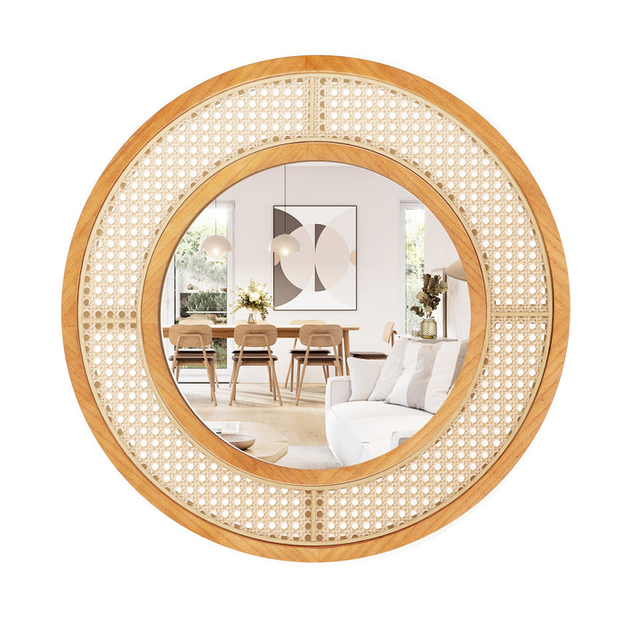 Rattan Round Wall Mirror with Aluminum Glass and Metal Hook -Natural