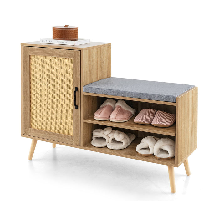 2-in-1 Rattan Shoe Cabinet with Bench and 3 Adjustable Shelves-