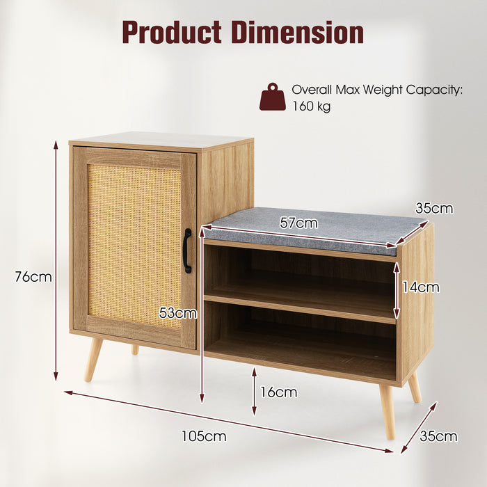 2-in-1 Rattan Shoe Cabinet with Bench and 3 Adjustable Shelves-