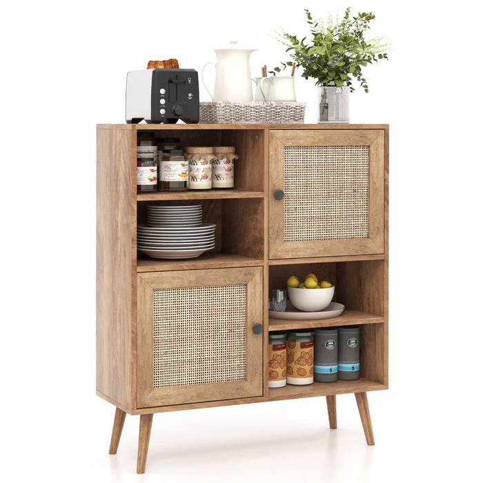 Rattan Sideboard Buffet Cabinet - 4 Storage Cubbies, 2 Rattan-Decorated Doors, Brown Hue - Ideal for Living Room or Dining Room Storage Solution