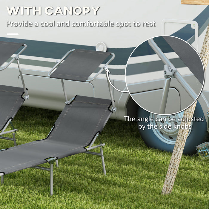 Foldable Sun Lounger Duo Pack - Adjustable 4-Level Backrest with Sun Shade Canopy, Grey - Ideal for Beach, Garden, Patio Relaxation