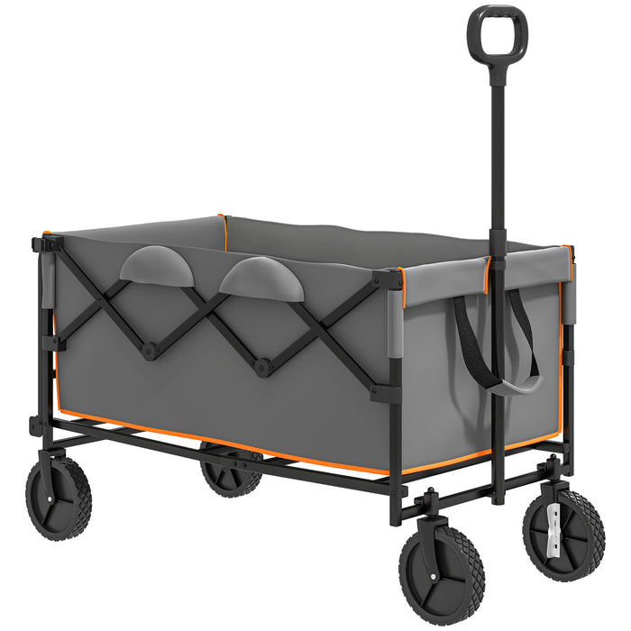 Outsunny 160L Festival Trolley on Wheels, Folding Camping Trolley Cart w/ Tailgate, 100kg Heavy Duty Garden Collapsible Folding Wagon w/Adjustable Handle, Carry Bag for Beach Picnic, Grey and Orange