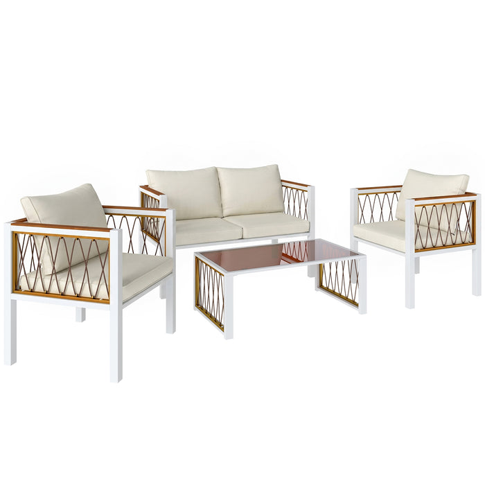 Outsunny 4 Piece Rattan Garden Furniture Set with Loveseat, 2 Armchairs, Table, Metal Frame Patio Conversation Set, Cream White