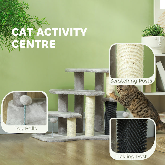 PawHut Cat Tree 2 in 1 Pet Stairs w/ Scratching Tickling Post, Toy Balls, for Bed, Sofa, Couch, Light Grey | Aosom UK