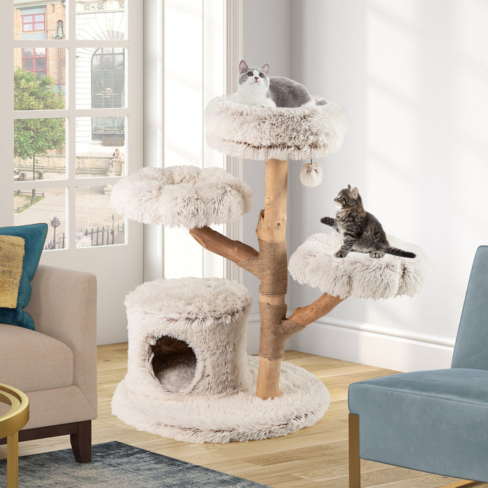102 CM Tall Real Wood Branch Kitten Tower with Condo and 2 Flower Platforms-