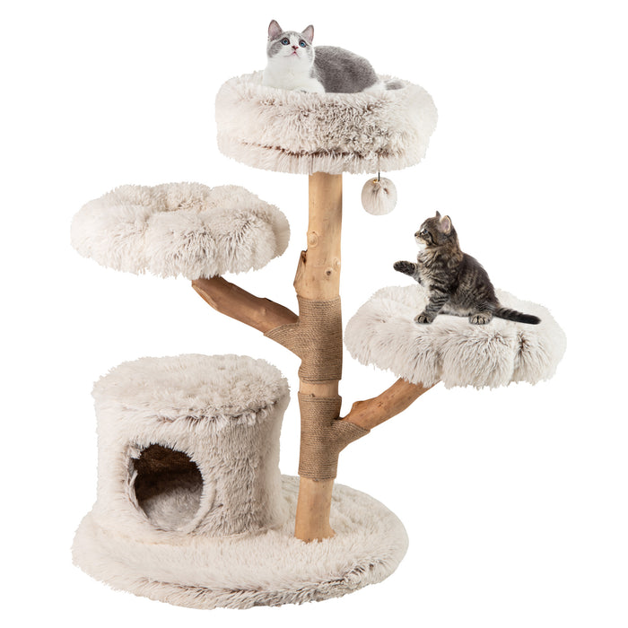 102 CM Tall Real Wood Branch Kitten Tower with Condo and 2 Flower Platforms-