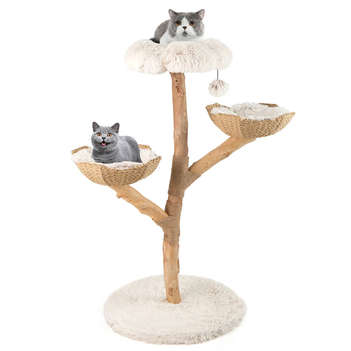 122 CM Tall Real Wood Branch Kitten Tower with Flower Perch and 2 Wicker Baskets-