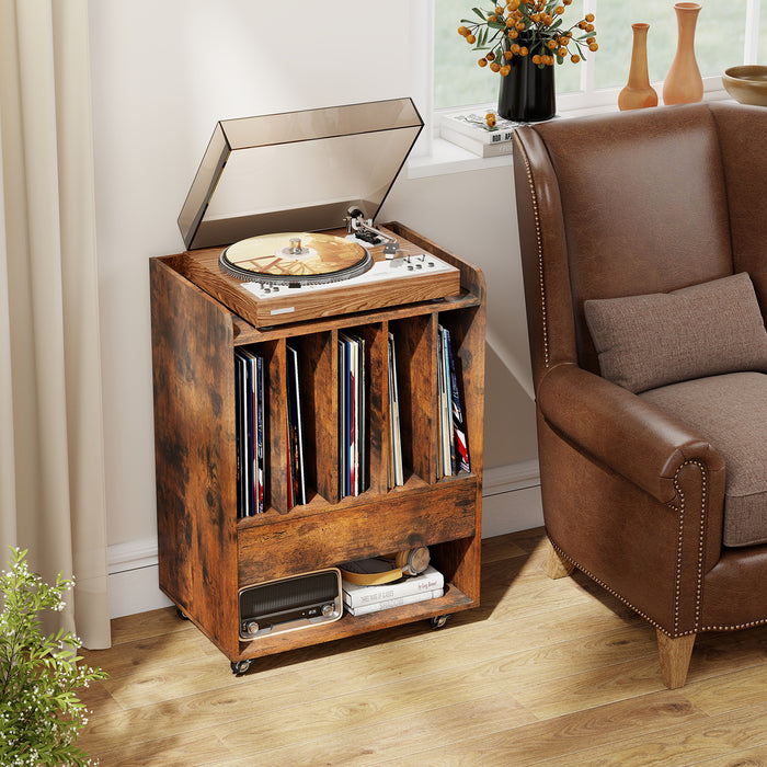 Record Player Stand On Wheels with 5 Compartments for Living Room Bedroom-