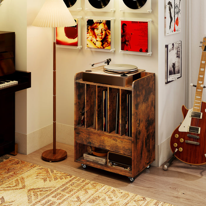 Record Player Stand On Wheels with 5 Compartments for Living Room Bedroom-