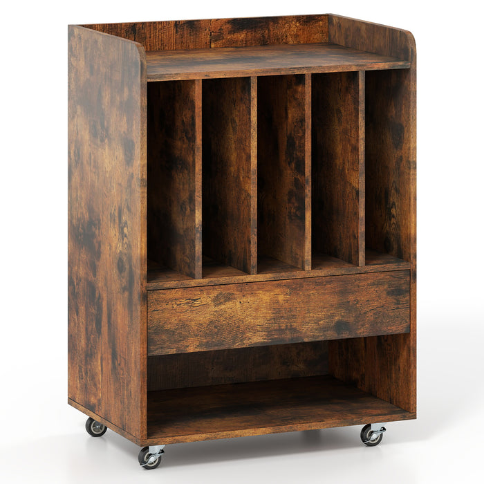 Record Player Stand On Wheels with 5 Compartments for Living Room Bedroom-