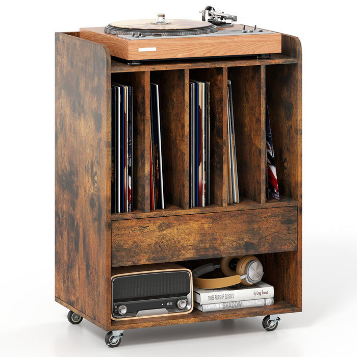 Record Player Stand On Wheels with 5 Compartments for Living Room Bedroom-